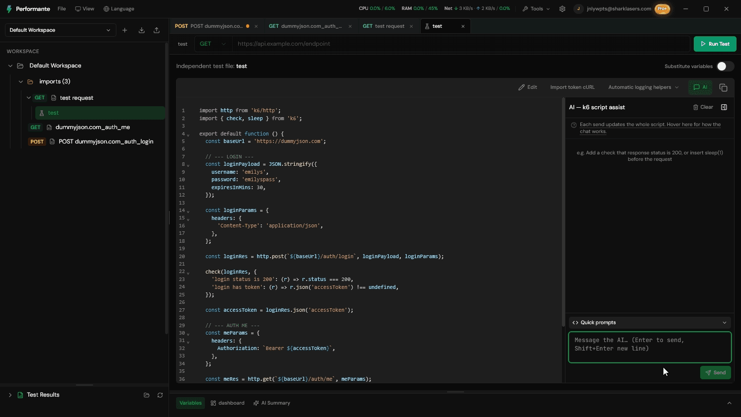 Editor de scripts Performate con asistencia de IA para flujos de pruebas de carga k6