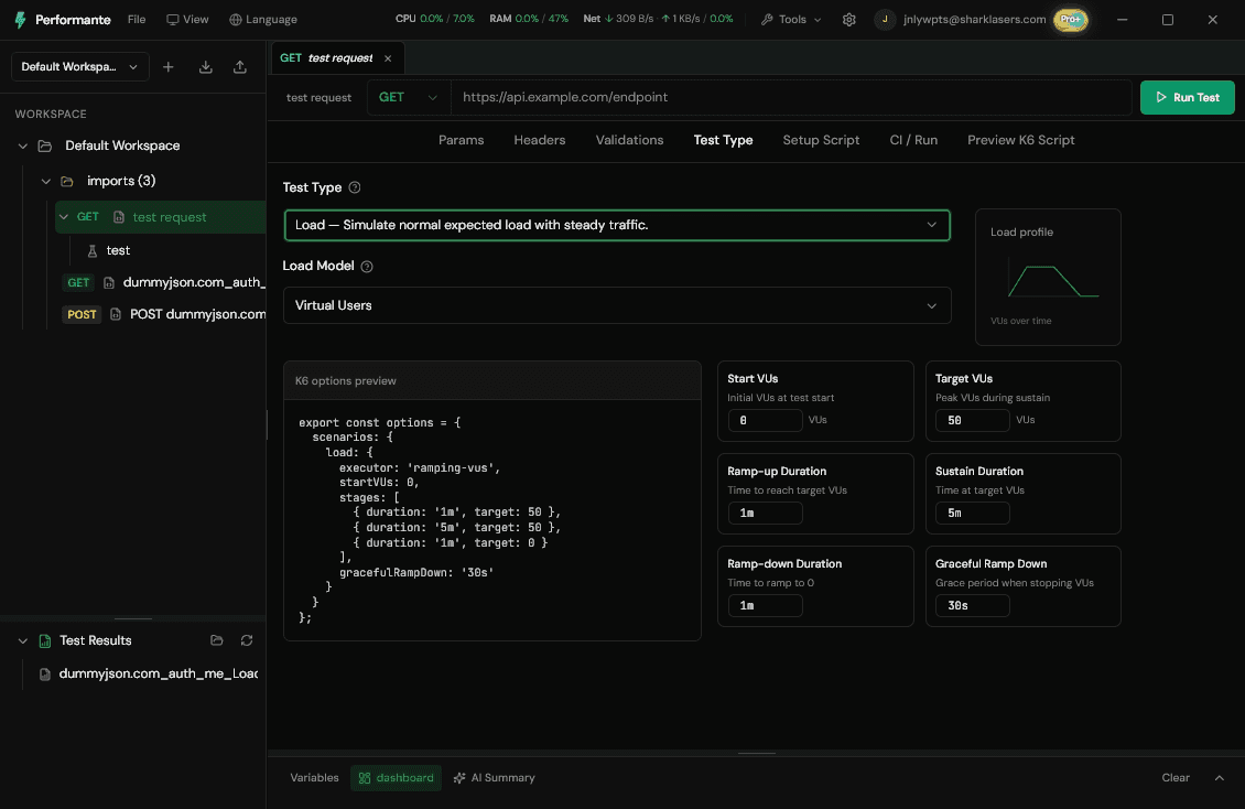 Interfaz de Performate mostrando varios tipos de escenario k6 para pruebas de carga